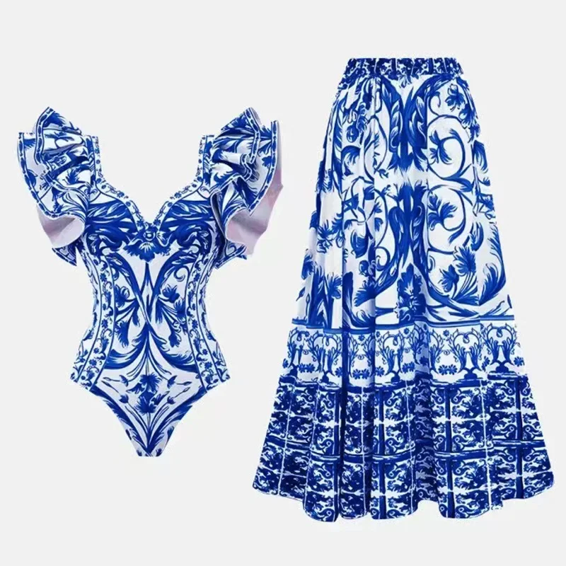 Monochrome Suit Set - Printed One Piece Swimsuit for Women,