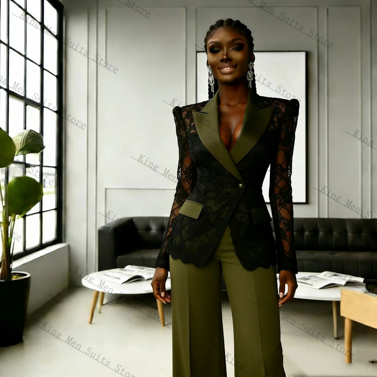 Women'S Formal Wear For A Wedding Guest - Green Black Lace Women Suit Set