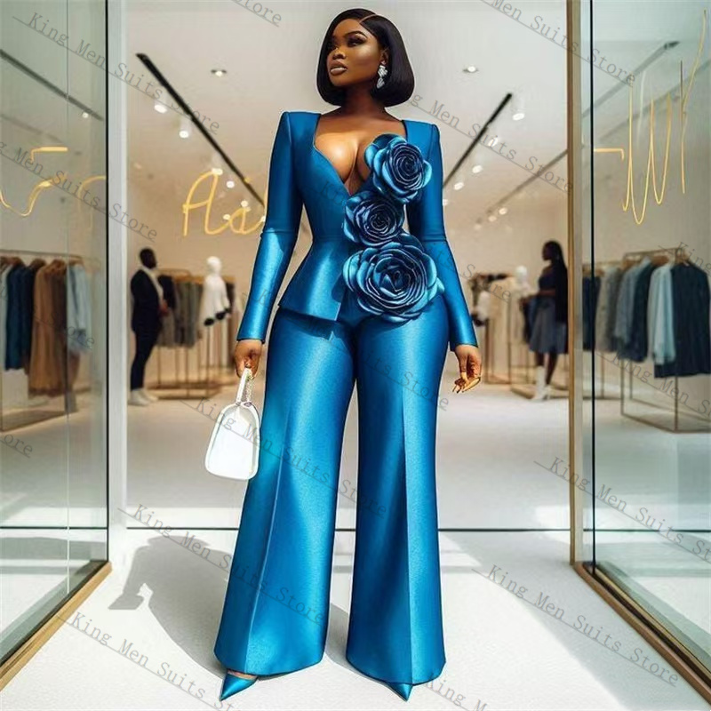 Women'S Formal Wear For A Wedding Guest - Blue Satin Women Suit Set 2
