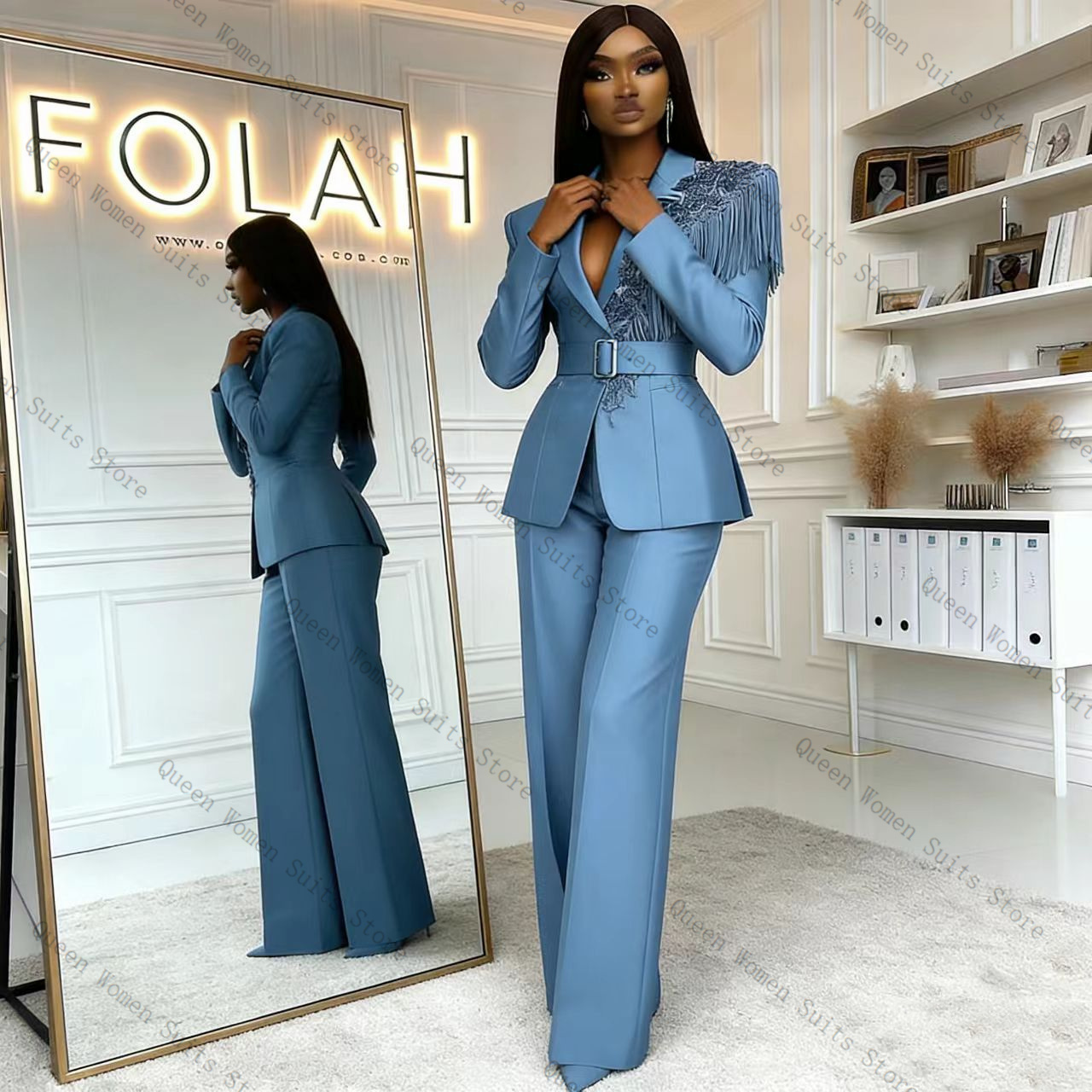 Tassel Blue Women Suit Pants S - Women Formal Wear Blazer Set ulasan dan harga