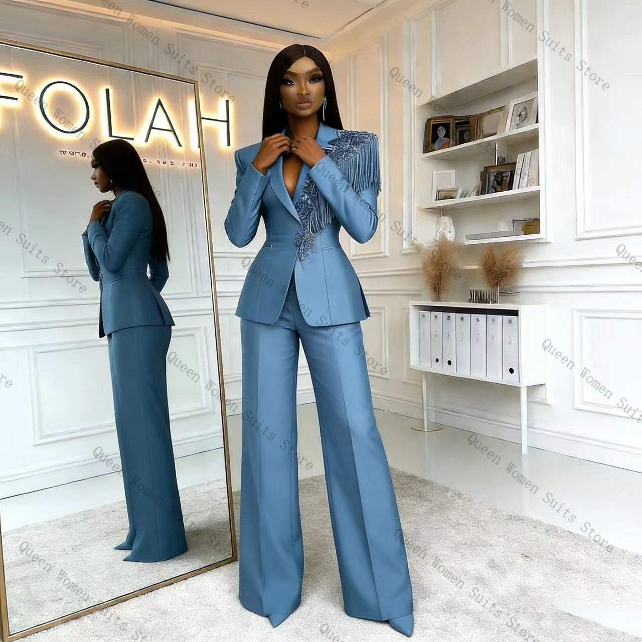 Tassel Blue Women Suit Pants S - Women Formal Wear Blazer Set ulasan dan harga