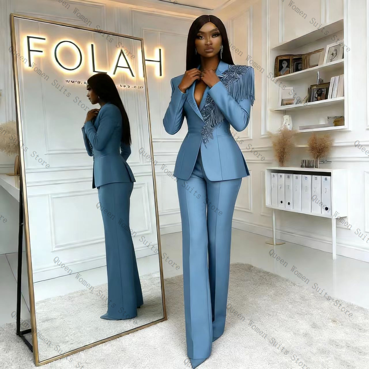 Tassel Blue Women Suit Pants S - Women Formal Wear Blazer Set ulasan dan harga