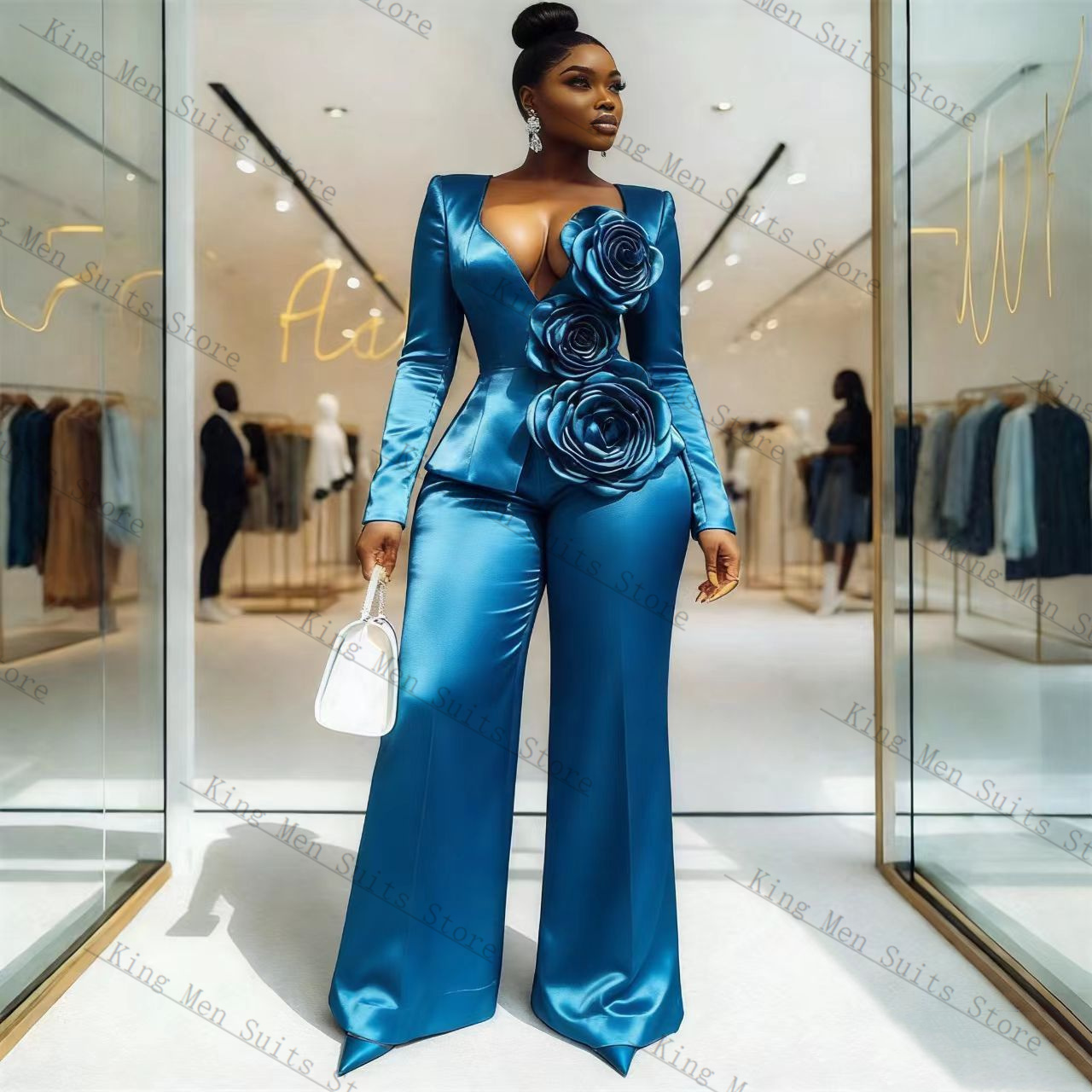 Blue Satin Women Suit Set 2 Pc - Women'S Formal Wear For A Wedding Guest ulasan dan harga