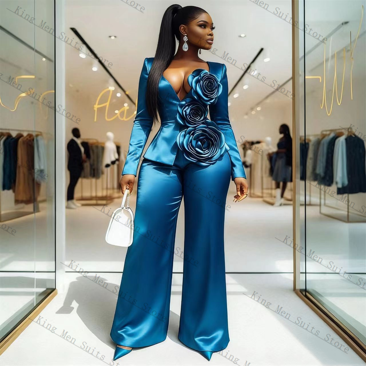 Blue Satin Women Suit Set 2 Pc - Women'S Formal Wear For A Wedding Guest ulasan dan harga